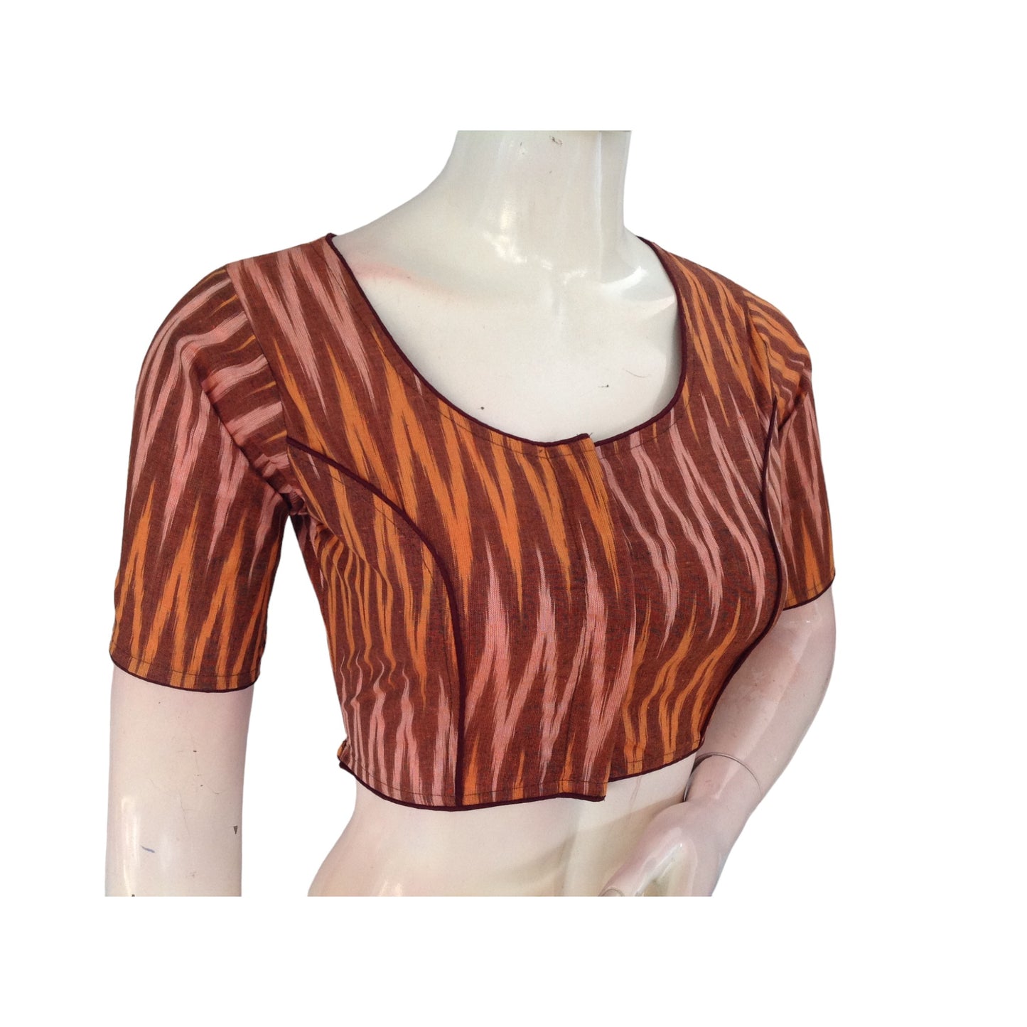 Timeless Tradition: Brown Cotton High Neck Blouse for Sarees
