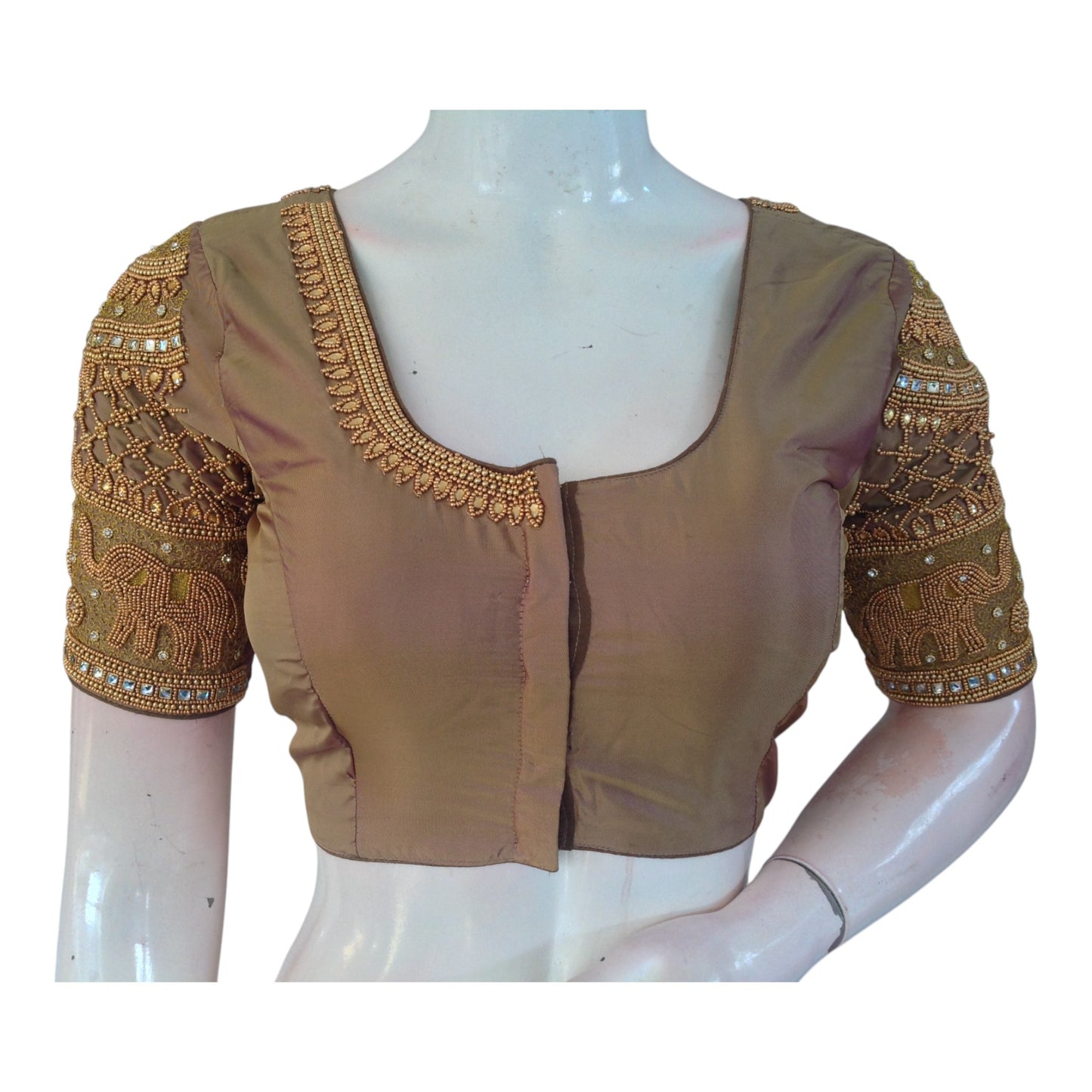 Unique Brownish Purple Aari Work Wedding Silk Blouse with Elephant Motif