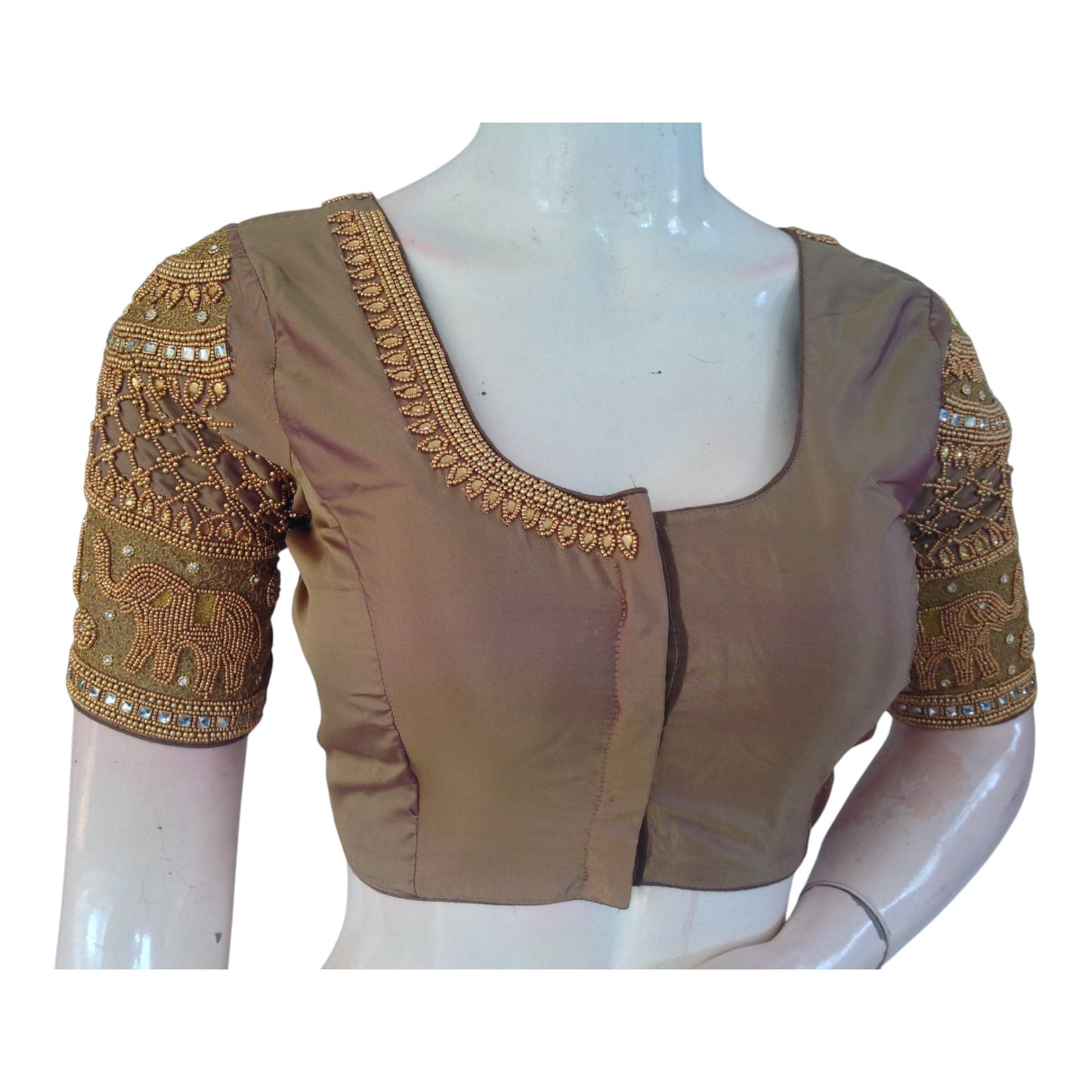 Unique Brownish Purple Aari Work Wedding Silk Blouse with Elephant Motif