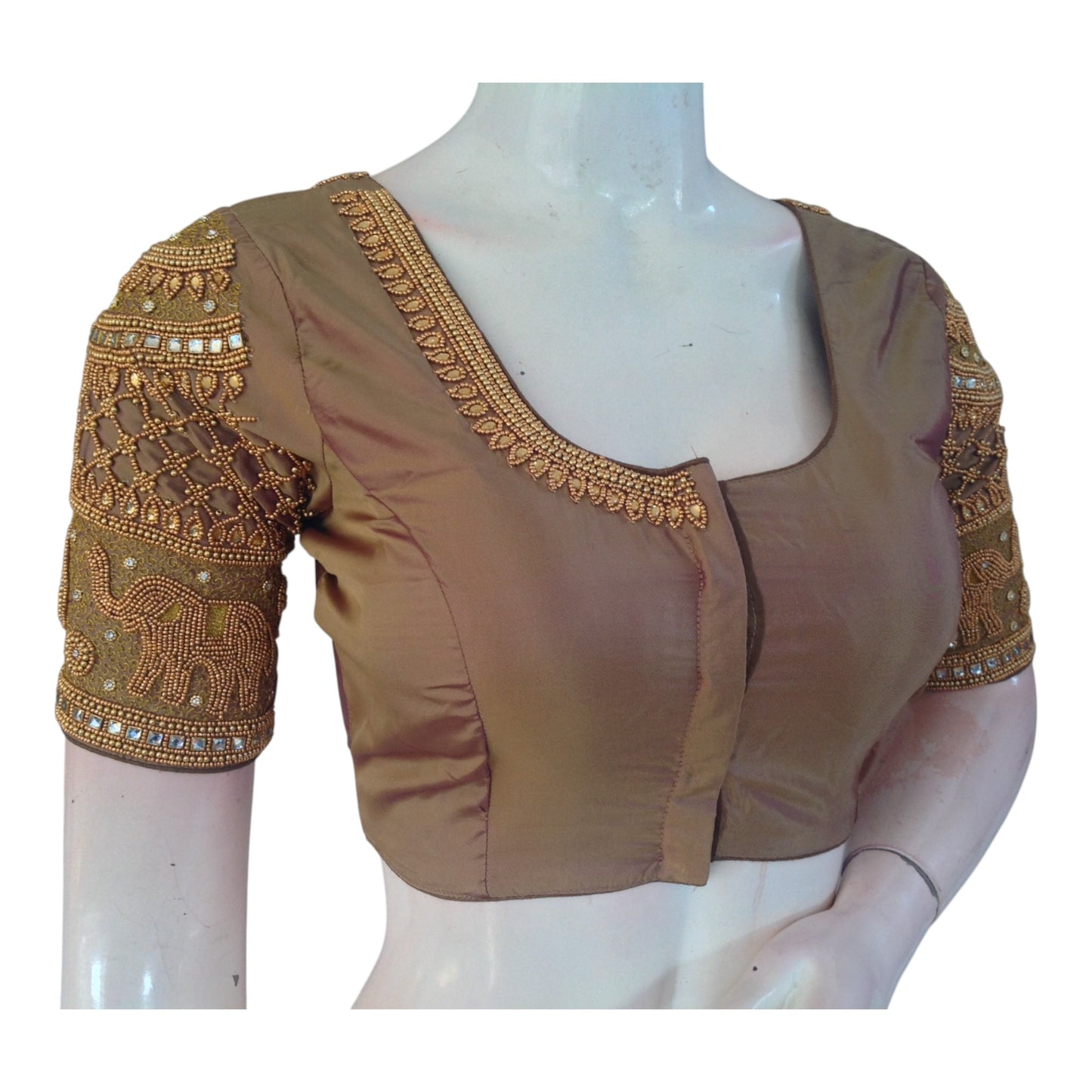 Unique Brownish Purple Aari Work Wedding Silk Blouse with Elephant Motif