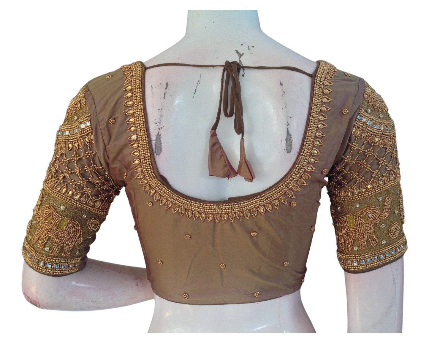 Unique Brownish Purple Aari Work Wedding Silk Blouse with Elephant Motif