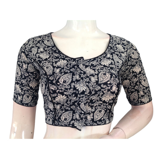 Ebony Elegance: Black High-Neck Cotton Saree Blouse