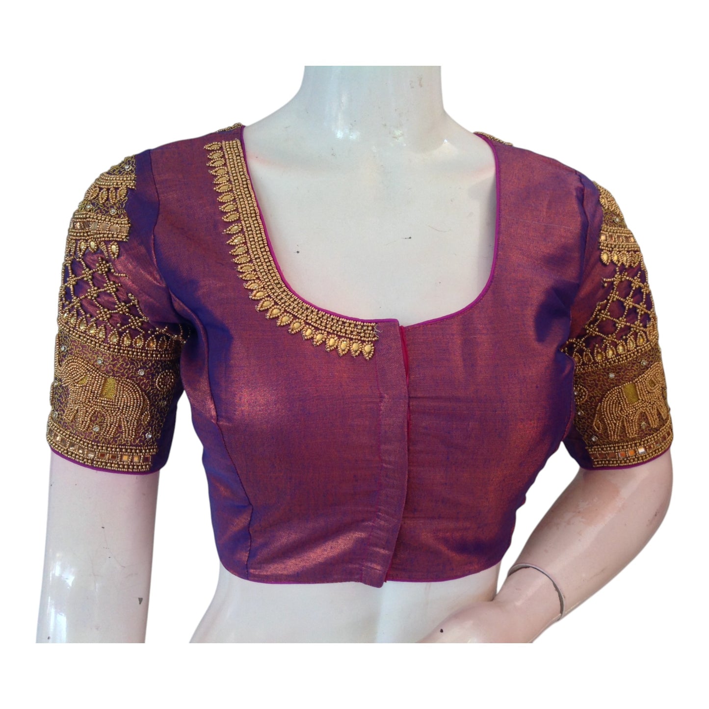 Regal Purple Aari Work Wedding Tissue Silk Saree Blouse with Elephant Design