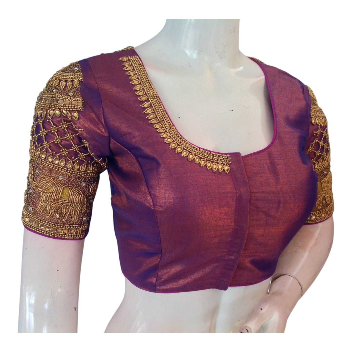 Regal Purple Aari Work Wedding Tissue Silk Saree Blouse with Elephant Design