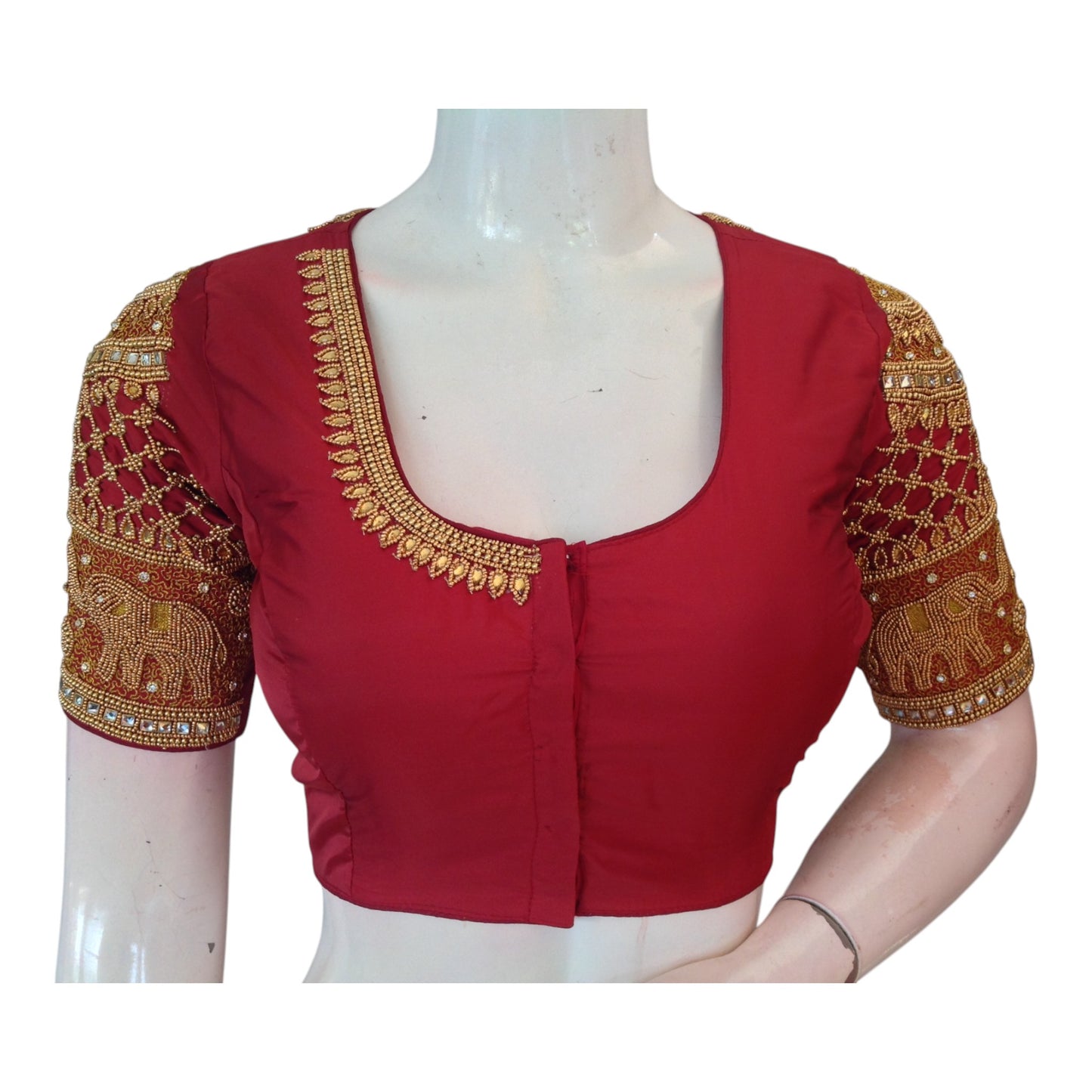 Timeless Maroon Silk Wedding Blouse with Intricate Aari Elephant Handwork