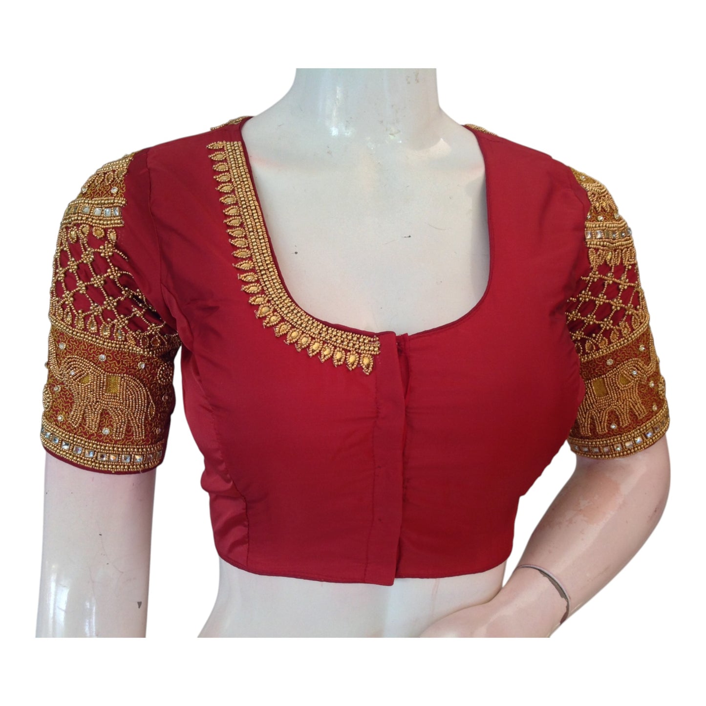 Timeless Maroon Silk Wedding Blouse with Intricate Aari Elephant Handwork