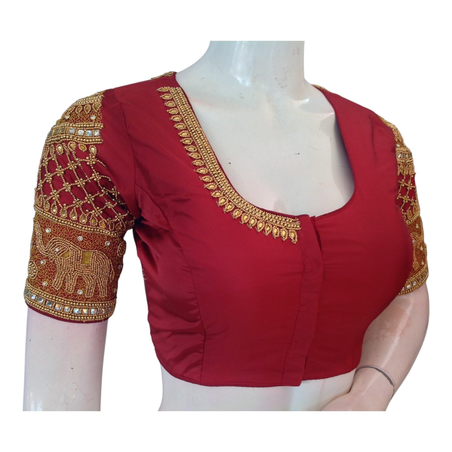 Timeless Maroon Silk Wedding Blouse with Intricate Aari Elephant Handwork