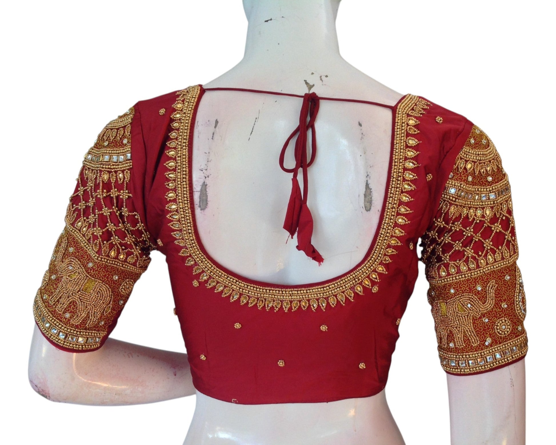 Timeless Maroon Silk Wedding Blouse with Intricate Aari Elephant Handwork