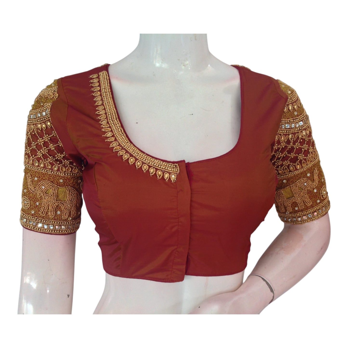 Sophisticated Coffee Brown Silk Wedding Blouse with Elephant Aari Handwork