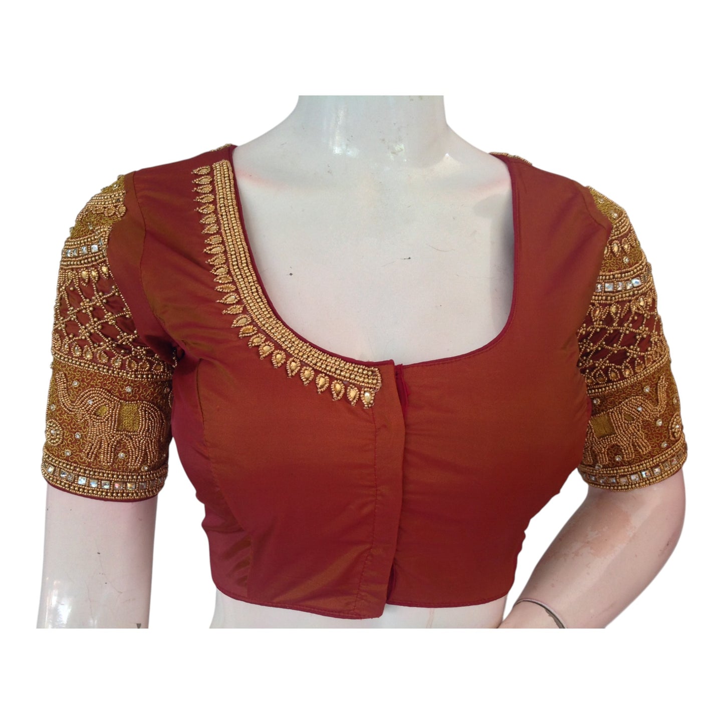 Sophisticated Coffee Brown Silk Wedding Blouse with Elephant Aari Handwork