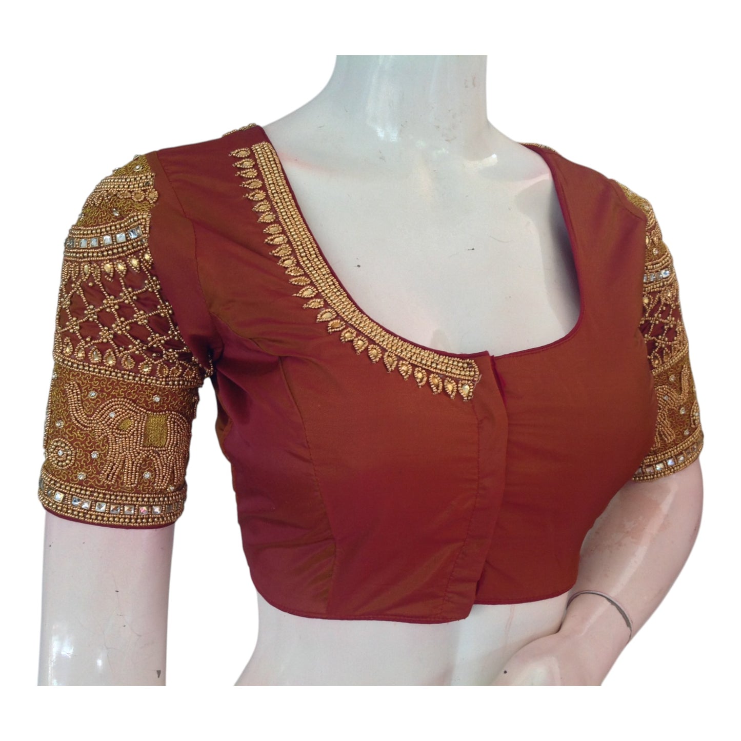 Sophisticated Coffee Brown Silk Wedding Blouse with Elephant Aari Handwork
