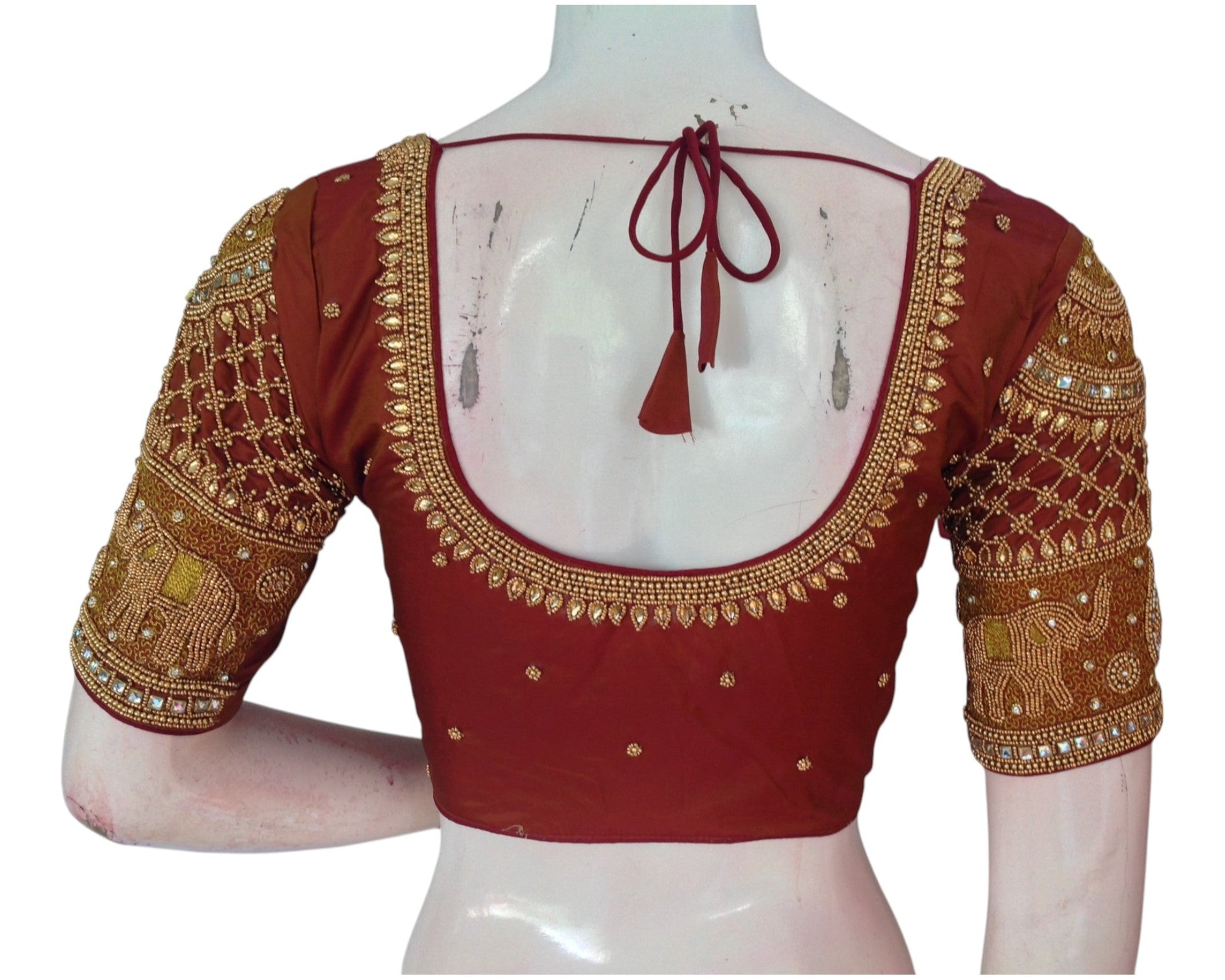 Sophisticated Coffee Brown Silk Wedding Blouse with Elephant Aari Handwork