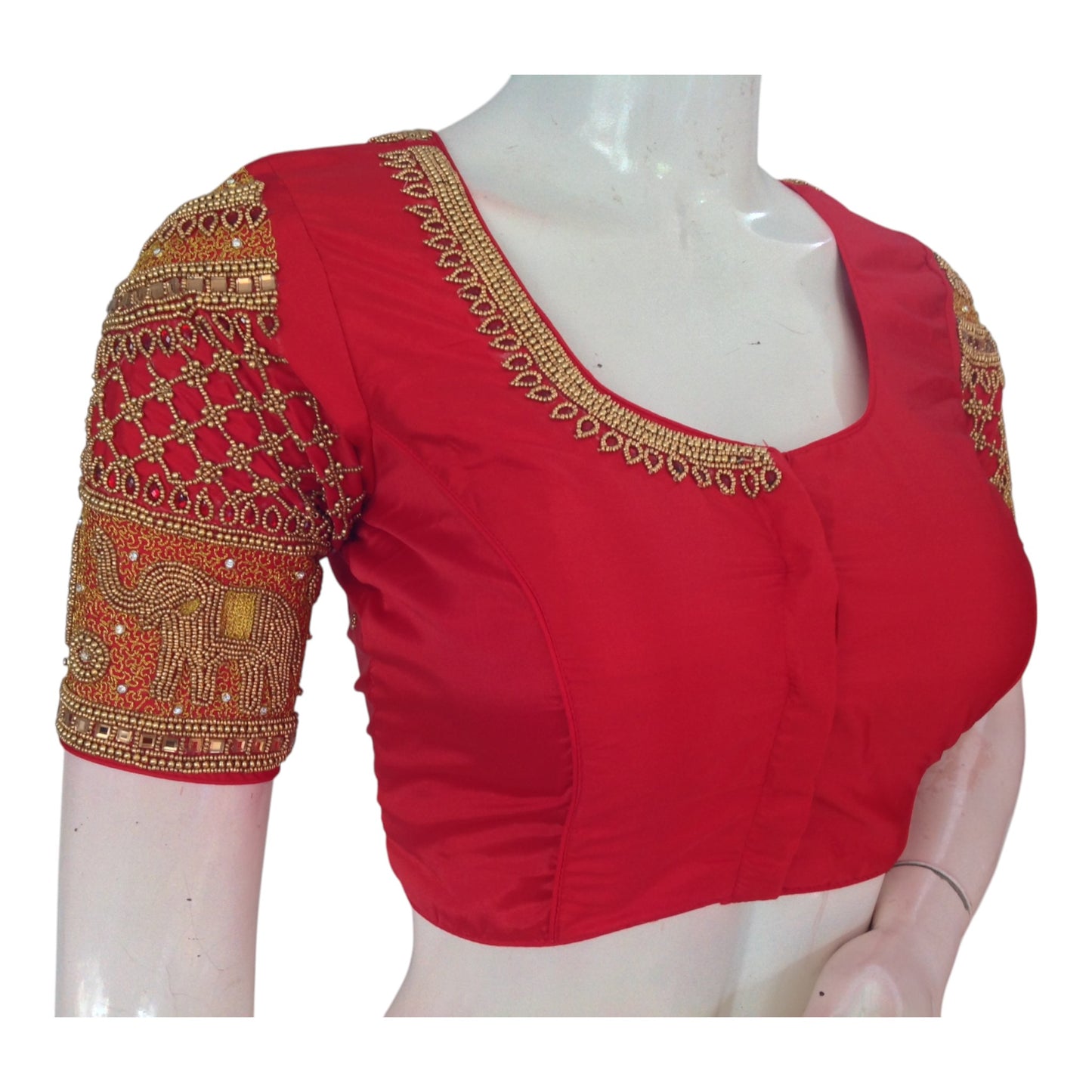 Exquisite Red Color Aari Handwork Wedding Silk Saree Blouse