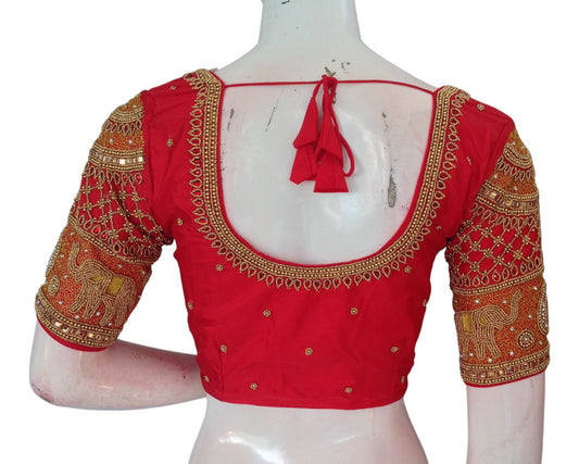 Exquisite Red Color Aari Handwork Wedding Silk Saree Blouse