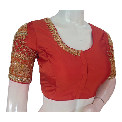 Rich Terracotta Color Aari Handwork Wedding Silk Saree Blouse