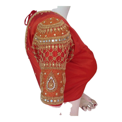 Rich Terracotta Color Aari Handwork Wedding Silk Saree Blouse
