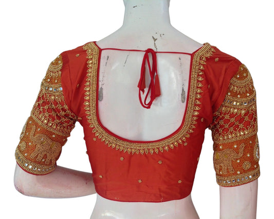 Rich Terracotta Color Aari Handwork Wedding Silk Saree Blouse
