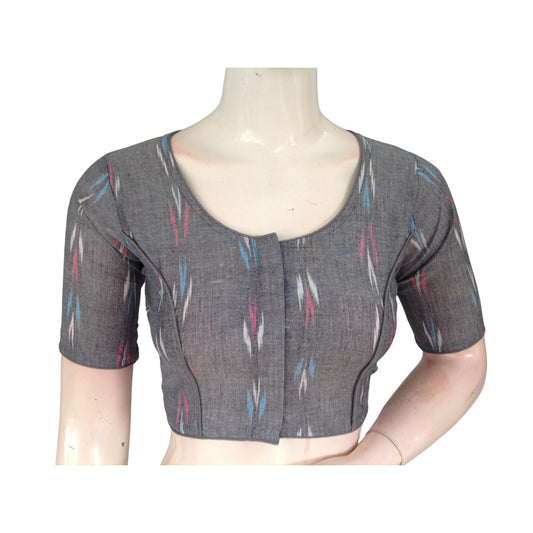 Urban Elegance: Grey Readymade Cotton High-Neck Saree Blouse