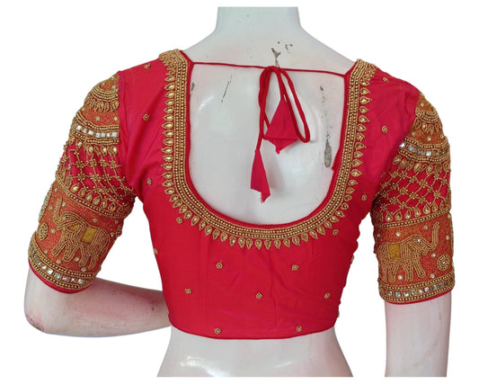 Delicate Peach Pink Aari Handwork Wedding Silk Saree Readymade Blouse