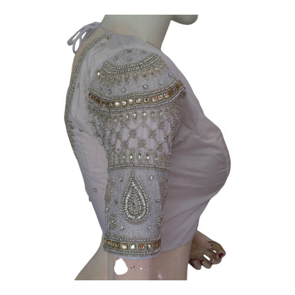 Elegant Off-White Aari Handwork Wedding Silk Saree Blouse