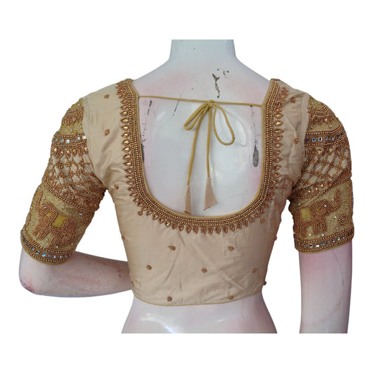 Timeless Cream Aari Handwork Wedding Silk Sari Ready made Blouse