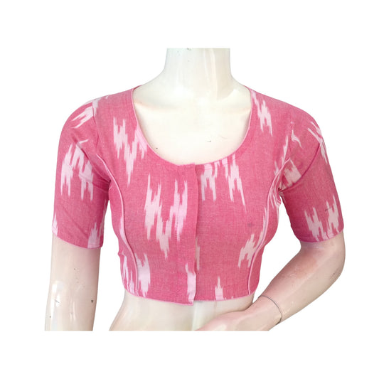 Blushing Romance: Pastel Pink Cotton High-Neck Readymade Saree Blouse