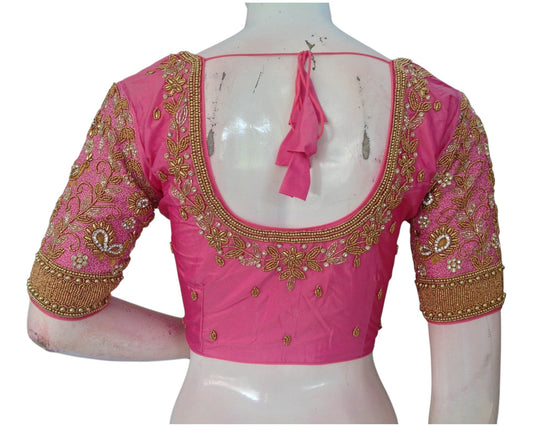 Elegant Baby Pink Aari Handwork Wedding Silk Saree Ready made Blouse