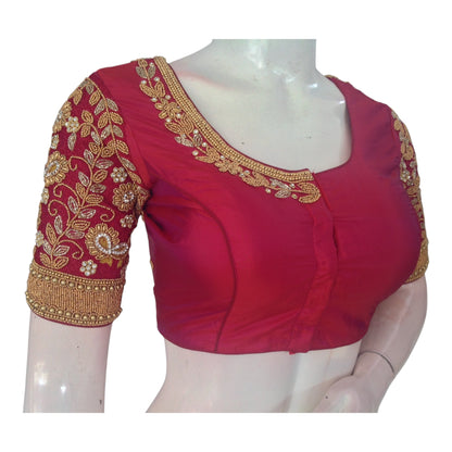 Radiant Red Aari Wedding Silk Saree Ready made Blouse for Brides