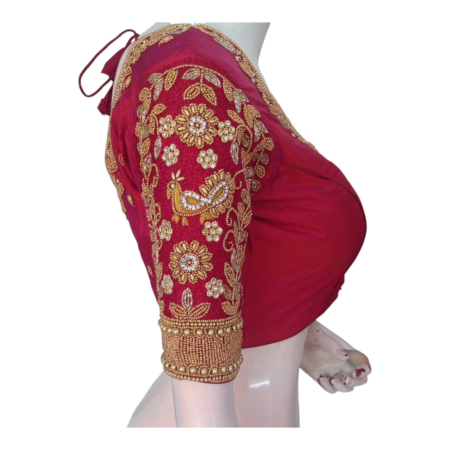 Radiant Red Aari Wedding Silk Saree Ready made Blouse for Brides