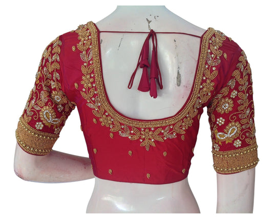 Radiant Red Aari Wedding Silk Saree Ready made Blouse for Brides