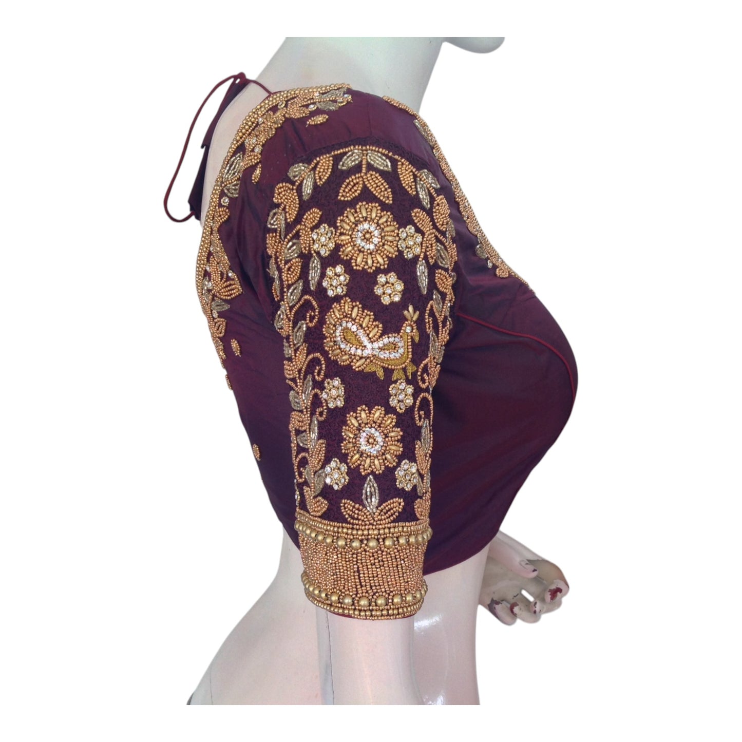 Sophisticated Dark Purple Aari Wedding Silk Saree Ready made Blouse for Brides