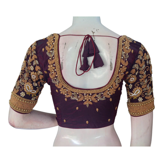 Sophisticated Dark Purple Aari Wedding Silk Saree Ready made Blouse for Brides
