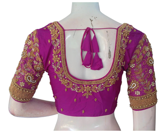 Graceful Purple Aari Wedding Silk Saree Ready made  Blouse for Brides