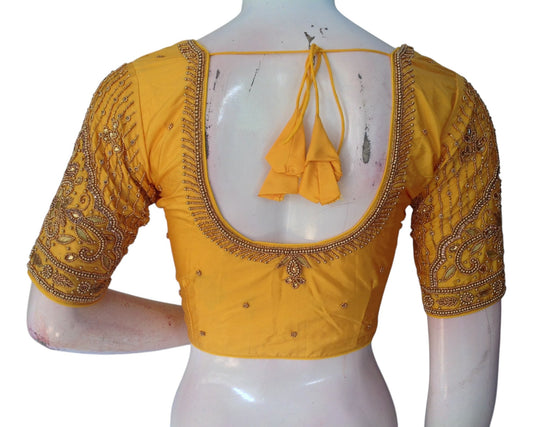 Elegant Mustard Yellow Aari Handwork Wedding Silk Saree Blouse