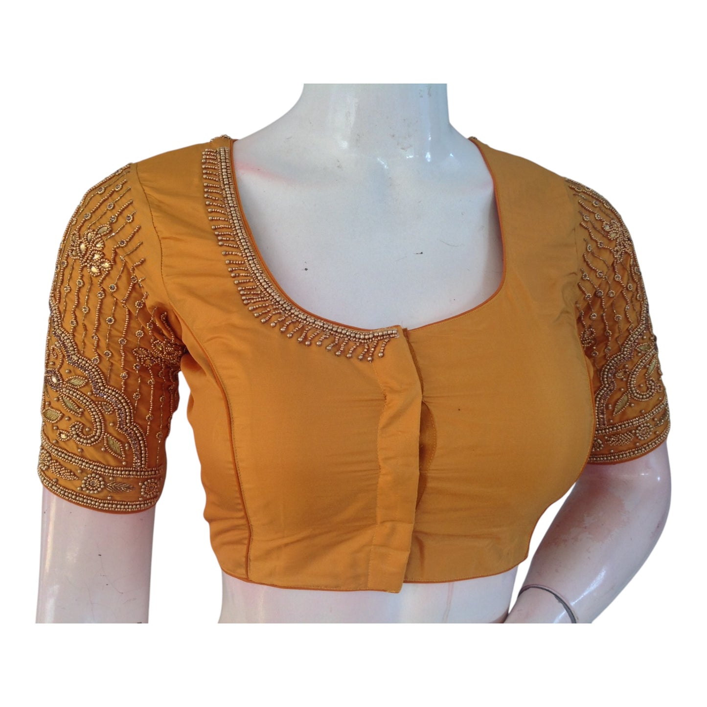 Handcrafted Mustard Color Aari Handwork Wedding Silk Saree Blouse