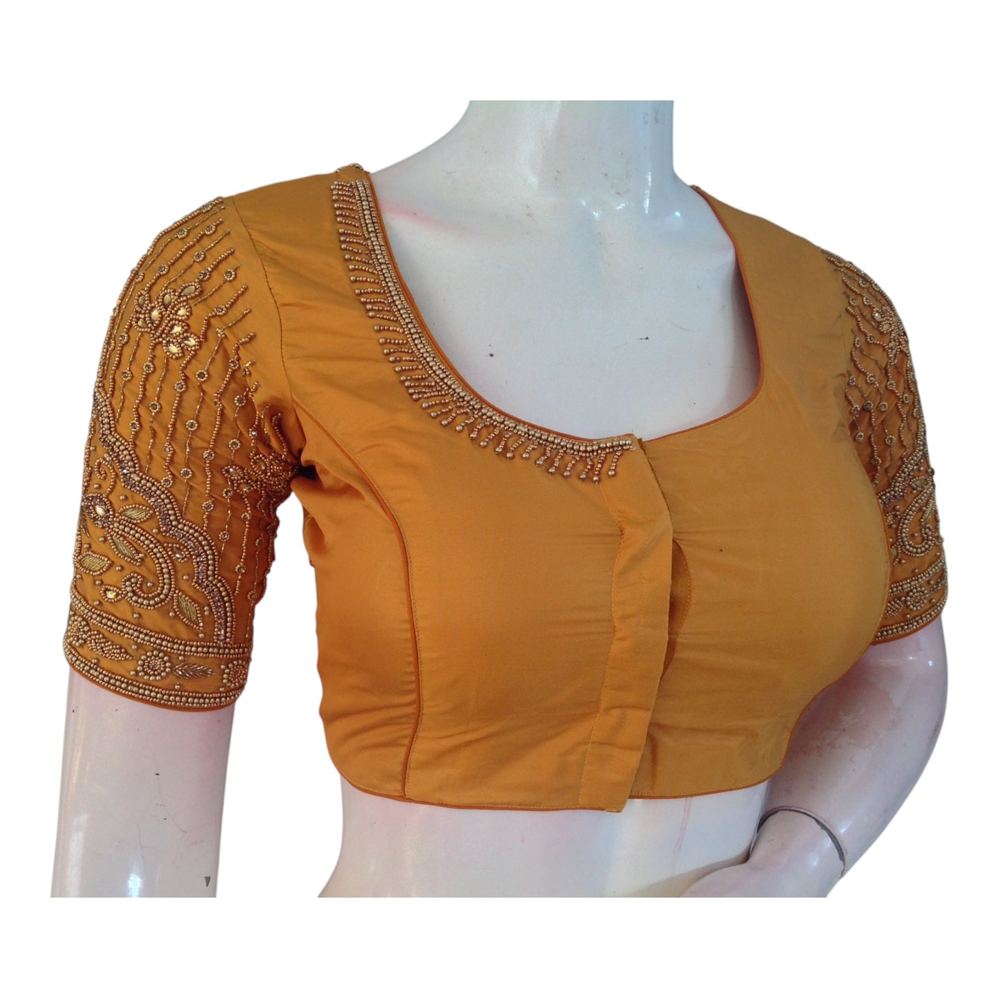 Handcrafted Mustard Color Aari Handwork Wedding Silk Saree Blouse