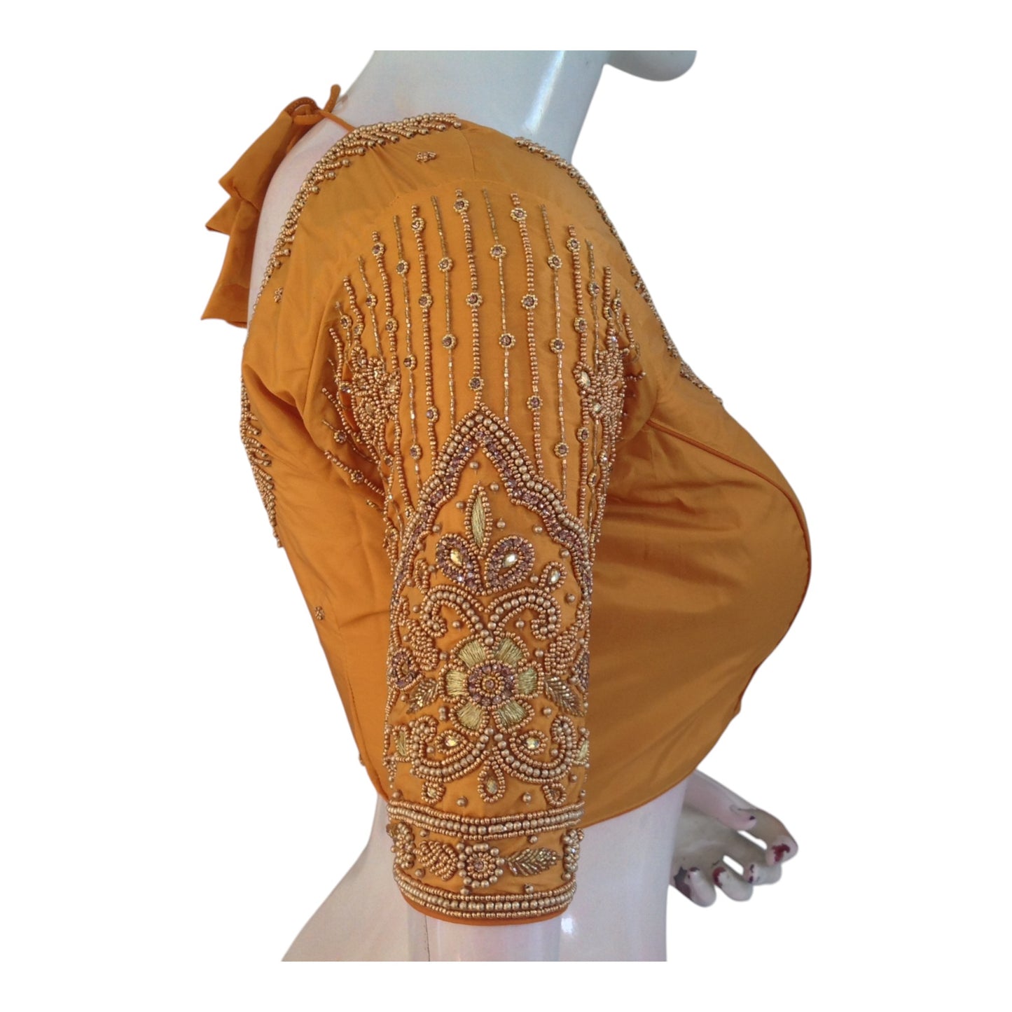 Handcrafted Mustard Color Aari Handwork Wedding Silk Saree Blouse