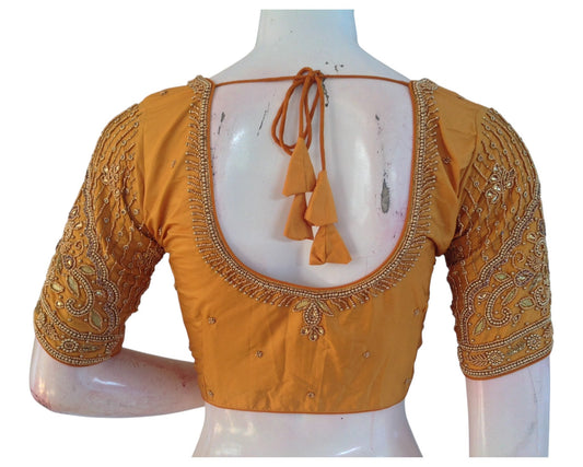 Handcrafted Mustard Color Aari Handwork Wedding Silk Saree Blouse