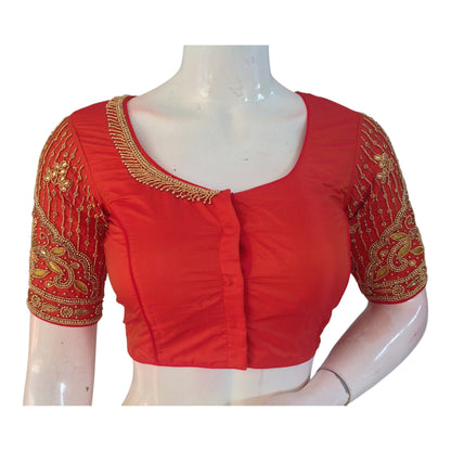 Elegant Dark Orange Color Aari Handwork Wedding Silk Saree Blouse