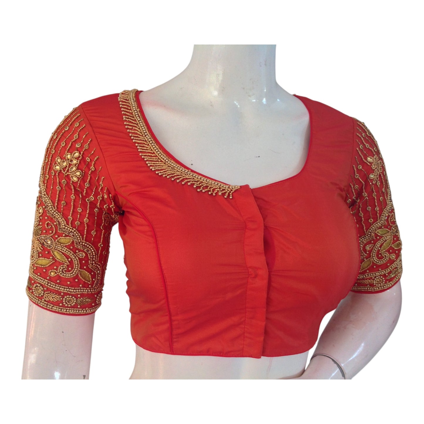 Elegant Dark Orange Color Aari Handwork Wedding Silk Saree Blouse