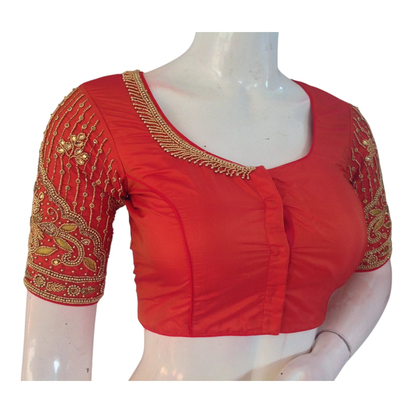 Elegant Dark Orange Color Aari Handwork Wedding Silk Saree Blouse
