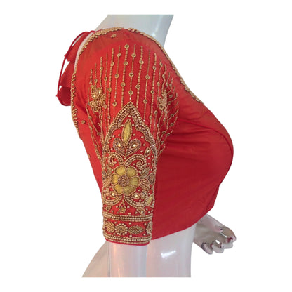 Elegant Dark Orange Color Aari Handwork Wedding Silk Saree Blouse