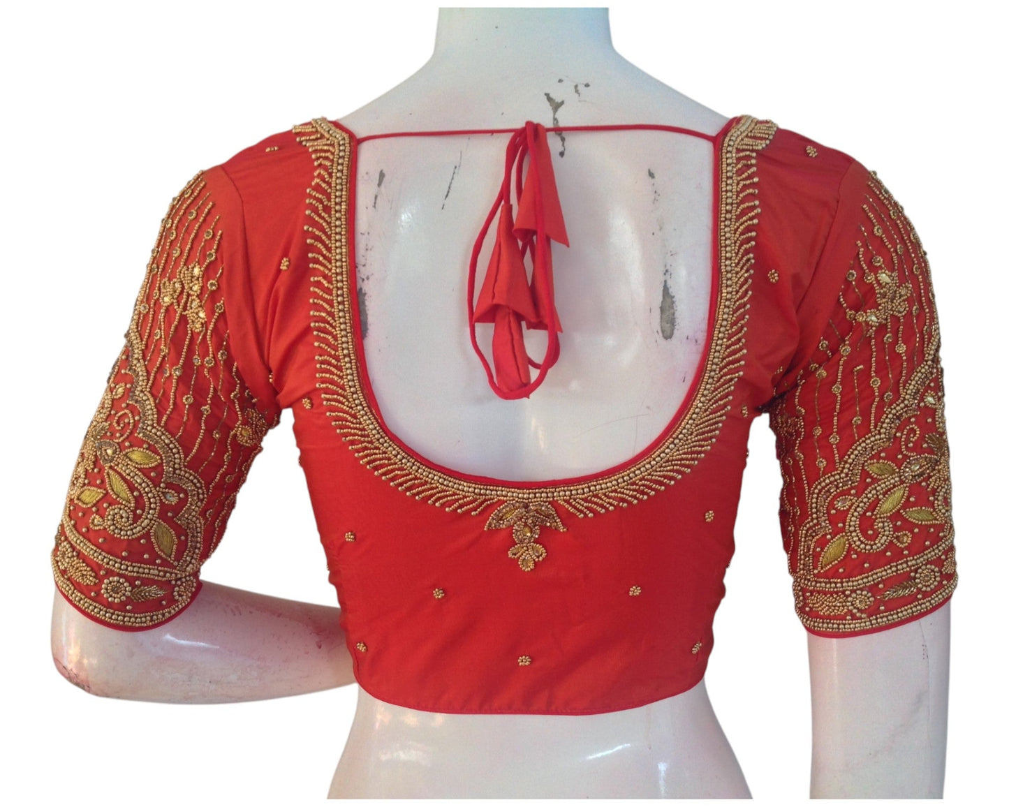 Elegant Dark Orange Color Aari Handwork Wedding Silk Saree Blouse