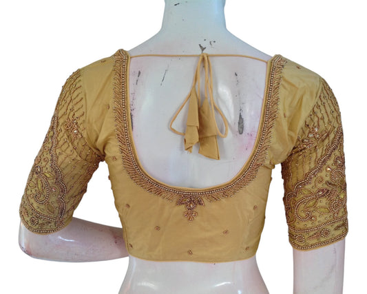 Shimmering Gold Color Aari Handwork Wedding Silk Saree Blouse