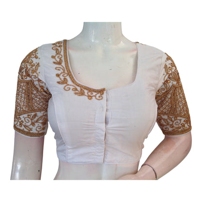 Subtle Off-White Color Aari Handwork Wedding Silk Saree Blouse - Elegant