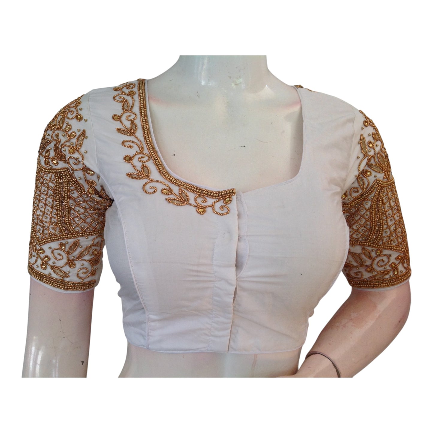 Subtle Off-White Color Aari Handwork Wedding Silk Saree Blouse - Elegant