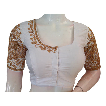 Subtle Off-White Color Aari Handwork Wedding Silk Saree Blouse - Elegant