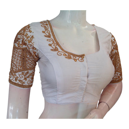 Subtle Off-White Color Aari Handwork Wedding Silk Saree Blouse - Elegant