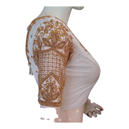 Subtle Off-White Color Aari Handwork Wedding Silk Saree Blouse - Elegant