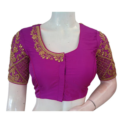 Purple Wedding Silk Saree Blouse with Intricate Aari Handwork - Luxurious